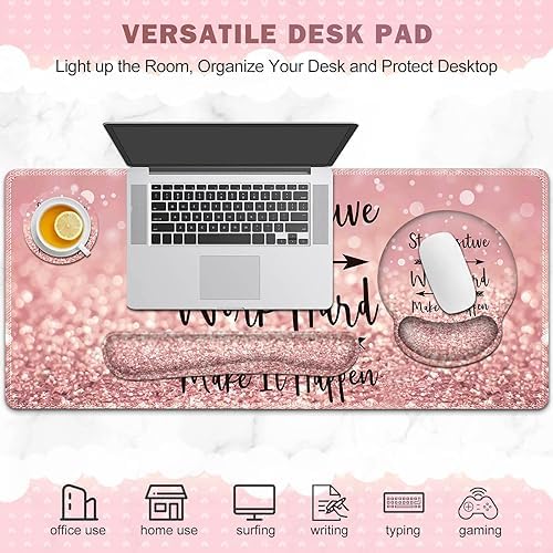 ToLuLu Desk Mat, XXL Large Mouse Pad Wrist Support Set，4 in1 Gaming Mousepad Desk Pad+ Ergonomic Mouse Pad with Wrist Rest + Keyboard Wrist Rest+Coaster for Women Home Office Table, Pink Stay Positive - Image 6