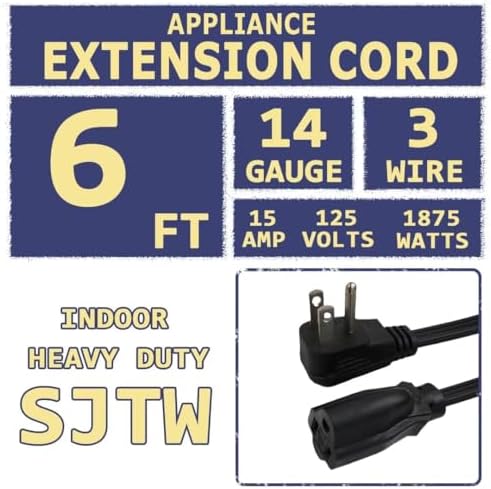 6 Ft Heavy Duty Appliance Extension Cord - 14 Gauge 3 Prong SPT-3 Cable Wire, Ideal for Air Conditioners, Refrigerators, and Major Appliances - Indoor Use, Black - Image 2