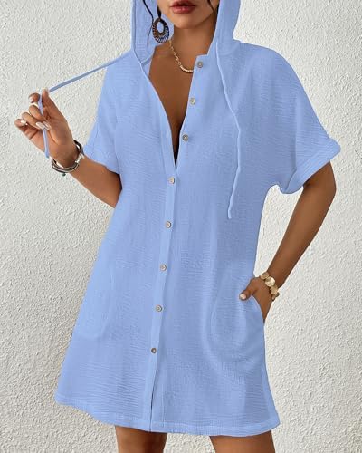 Bsubseach Womens Swimsuit Cover Up Shirt Hooded Beach Dress with Pockets - Image 2