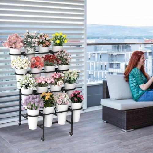 4-Tier Flower Display Stand, Metal Flower Cart Stand with Wheels - Image 6