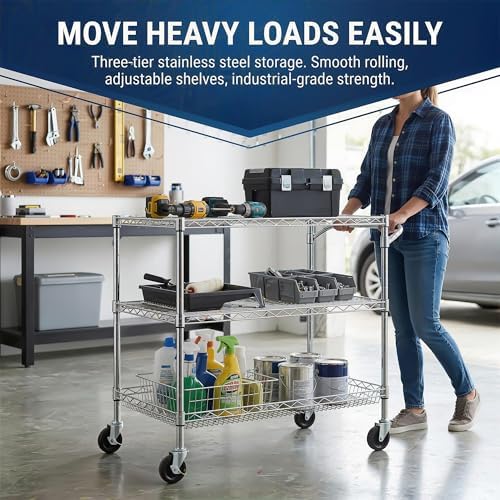 Finnhomy 3 Tier Heavy Duty Commercial Grade Utility Cart, Wire Rolling Cart with Handle Bar, Steel Service Cart with Wheels, Kitchen Carts on Wheels, Metal Cart Shelf Size 24" D x 36" W, NSF, Chrome - Image 4