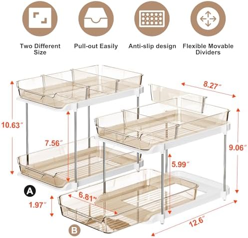Delamu 2-Tier Multi-Purpose Bathroom Under Sink Organizers and Storage, Stackable Kitchen Pantry Organization, Pull Out Medicine Cabinet Organizer with Movable Dividers, Amber, 2 Pack - Image 2