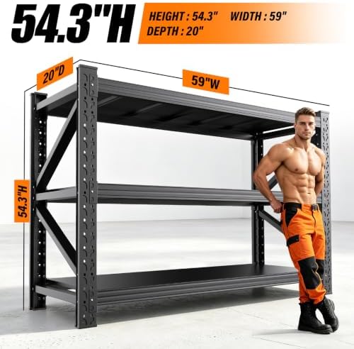 59"W Garage Shelving Heavy Duty Metal Storage Shelves , 3-Tier Garage Storage Shelves, Adjustable Industrial Shelving, Easy Assembly Garage Shelf Rack, Shelves for Garage Storage, Warehouse, Basement - Image 3