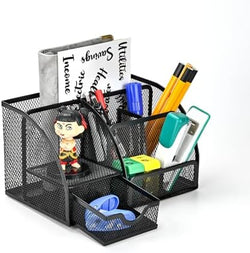Desk Organizer Stationery Storage, Pencil Holder for Desk, Wire Mesh Office Supplies Journals Notebooks Organizers with 7 Compartments and Mini Drawer (Black) by AUSTARK