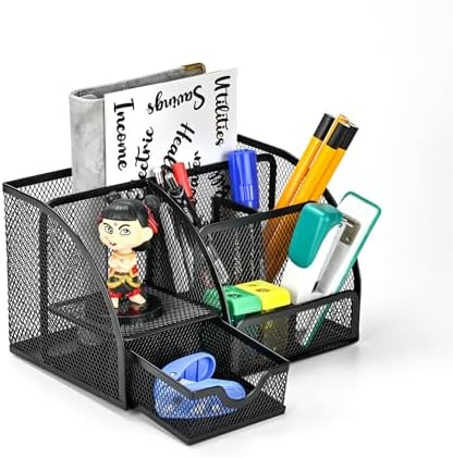 Desk Organizer Stationery Storage, Pencil Holder for Desk, Wire Mesh Office Supplies Journals Notebooks Organizers with 7 Compartments and Mini Drawer (Black) by AUSTARK
