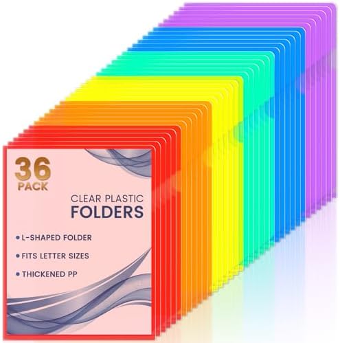 Sooez 36 Pack Clear Document Folder Project Pockets, Clear Plastic Folders Letter Size Plastic Document Folders Paper Poly Jacket Sleeves Folders Copy, 6 Assorted Colors by Sooez