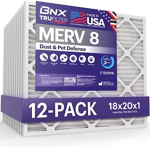 BNX TruFilter 18x20x1 Air Filter MERV 8 (12-Pack) - MADE IN USA – Dust & Pet Defense Electrostatic Pleated Air Conditioner HVAC AC Furnace Filters for Dust, Pet, Mold, Pollen MPR 600 – 700 & FPR 5 by BNX