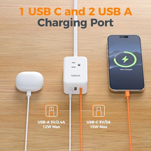 TESSAN Small Flat Plug Power Strip, Ultra Thin Extension Cord 5 ft, White - Image 4
