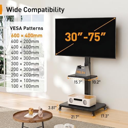 PERLESMITH Rolling TV Stand with Wheels for 30-75 Inch TVs up to 110 lbs - Image 2