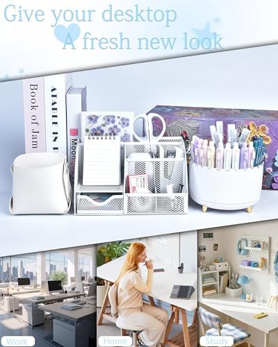 White Desk Accessories and Organizers with Desk Organizer and 360°Rotating Pen Holder stapler Pen and a Lot of Office White Office Supplies Beautifully Presented in a Gift Box - Image 3