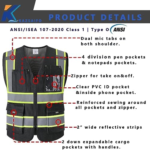 Safety Vest for Men Women with Pockets (KZ176-Black-3XL) - Image 2