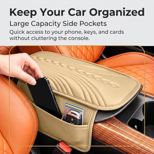 Multifunctional Car Center Console Cover Pad, 12.60"L x 3.15"W Leather Car Armrest Box Pad, Auto Armrest Cushion with 2 Storage Bags, Universal for Most Cars (Beige) - Image 4