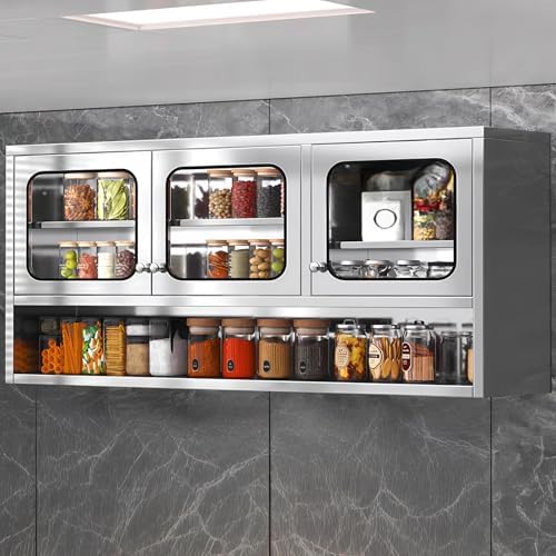 ZZV 59” Kitchen Wall Cabinet, Stainless Steel Wall Mounted Cabinet with Adjustable Shelves, Industrial Wall Storage Cabinet for Garage, Warehouse, No Assembly Required, 11.82D x 59.06W x 27.56H in - Image 2