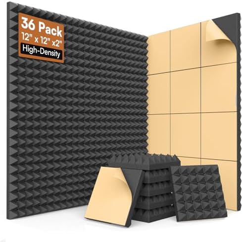 SD SODOCT 36 Pack 12 x 12 x 2 Inches Pyramid Acoustic Foam Panels, High Density Acoustic Foam, Self-Adhesive Sound Proof Foam Panels for Walls, Fire Resistant, Studio Wall & Ceiling Panels, Black by SODOCT