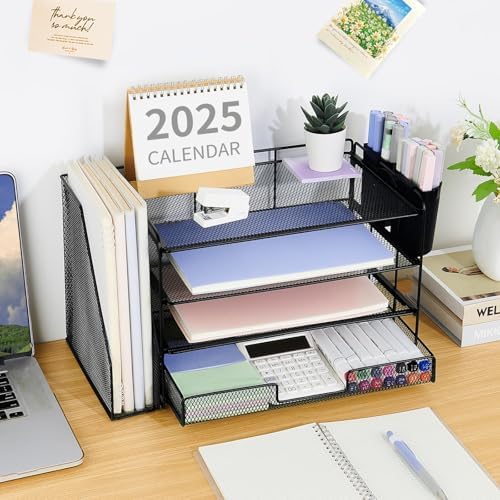 OPNICE Desk Organizer, 4-Tier Desktop File Organizer with Drawer and Pen Holders, Office Desk Accessories, File Sorters, Workspace Organizers for Office Supplies(Black 2-Pack) - Image 4