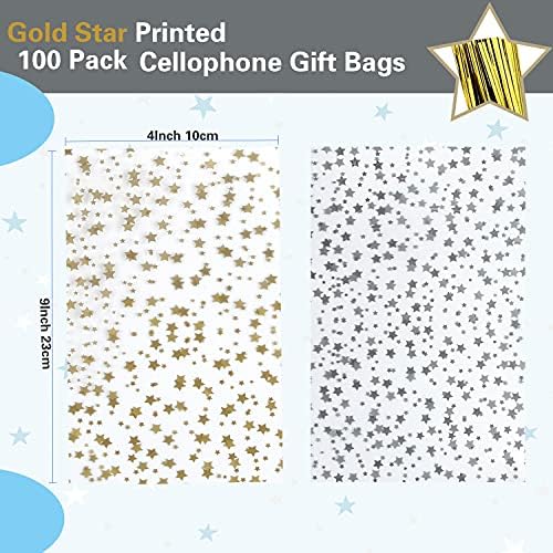 100 Pcs Star Printed 4"X 9" Gift Wrap Cello Cellophane Treat Bags Party Favor bags Clear Candy Cookie Bags Plastic Poly Goodie Storage Bags with Twist Ties for Bakery,Birthday, Wedding ,Party Decorations (Gold) - Image 2
