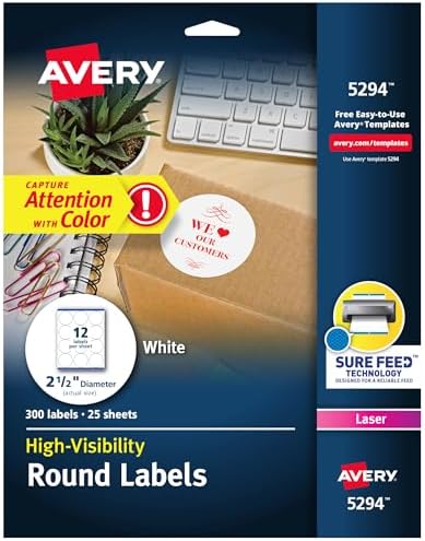 Avery® Round Printable Labels, 2.5" Diameter, Matte White, Sure Feed® Technology, Laser & Inkjet Compatible, 300 Blank Labels Total, Great for Branding, Packages, School Supplies, and More (5294) by Avery