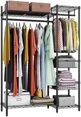 Xiofio 6 Tiers Heavy Duty Clothes Rack,Metal Clothing Rack, Adjustable Clothing Rack with Hanging Rod and Wire Fixing Baskets,Max Load 600LBS,Black by XIOFIO