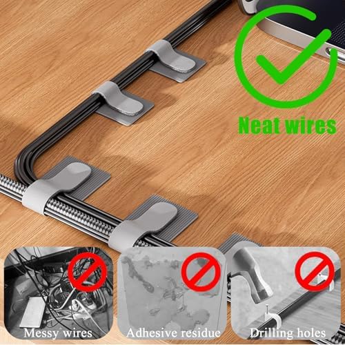 80PCS Hook and Loop Cable Ties, Under Desk Cable Management, Adhesive Cable Straps, Cord Management Hider Idea, Cord Organizer for Desk, Computer Accessories, Home Office Organization, Black+Gray - Image 2