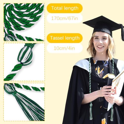 Honor Cords Graduation Cords 2026 Green and White Honors Cords for Graduation Grad Ropes Honors Cords Graduation Accessories 67" Long Braided Cords for 2026 Graduation Decorations Bachelor Gown - Image 2