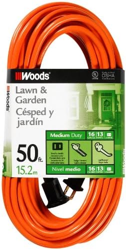 Southwire Woods 50ft Outdoor Extension Cord – Bright Orange, 16/2 Two-Prong – Durable SJTW Jacket for Landscaping & Light-Duty Power – Molded Plug by Woods