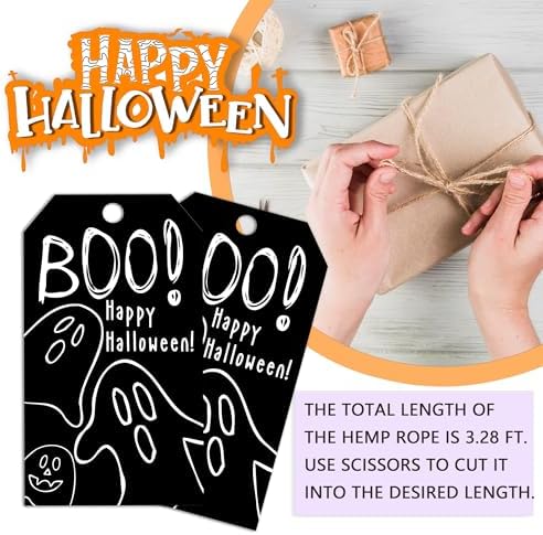 Black Halloween Paper Gift Tags with String-50Pcs, Happy Halloween Cute Ghost Boo Tags for Goodie Bags, 2 x 3.5 Inch Writable Waterproof Hanging Labels for Decor Party Supplies, Gift Wrapping-B09 - Image 3