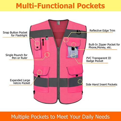 TCCFCCT Mesh High Visibility Vest 9 Pockets Safety Vest for Men, Pink XL - Image 3