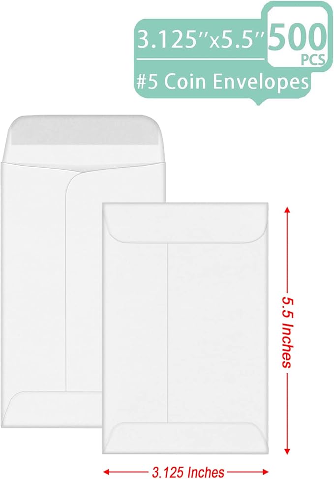 500 PCS #5 Coin Envelopes, 3.125 x 5.5 inches White Kraft Envelopes Classic - Image 3