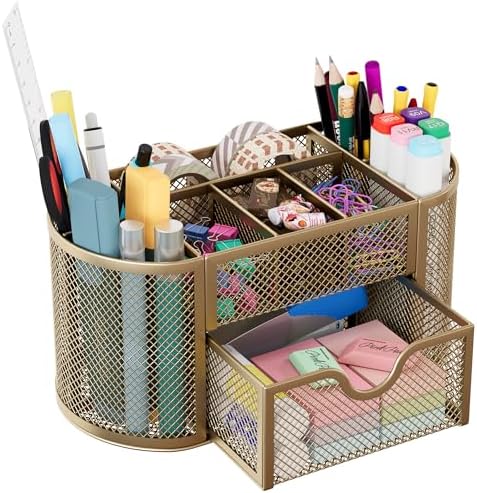 EasyPAG Mesh Pen Holder Desk Organizer with Drawer Stationery Supplies Organizer for Dorm School 9 Compartments Workspace Desk Accessories Organization for Office, Gold by EasyPAG