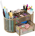 EasyPAG Mesh Pen Holder Desk Organizer with Drawer Stationery Supplies Organizer for Dorm School 9 Compartments Workspace Desk Accessories Organization for Office, Gold by EasyPAG