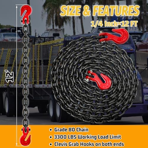 Tow Chain, 12 FT 1/4" Chain, G80 Trailer Safety Chain with G70 Hooks, Wll 3300 LBS Heavy Duty Chain for Trailer Truck Tie Down Binding Equipment(Oiled Black) - Image 2