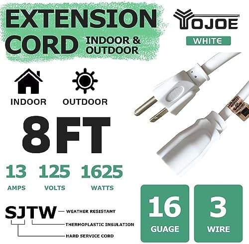 YOJOE Indoor Outdoor Extension Cord, 3 Prong 13A Weatherproof Power Cord, 16 Gauge Heavy Duty 8 ft White Extension Cord for Garage, Garden and Home, 16/3 SJTW UL Certified - Image 2