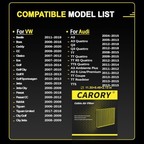 CARORY Cabin Air Filter w/Activated Carbon for VW Jetta 2005-2019, Tiguan 2008-2018, Passat 2005-2018, Golf 2010-2014, Beetle 2011-2019, for Audi A3 2004-2015, Q3 2012-2018, Fits OE# 1K0819644, CF373 - Image 3