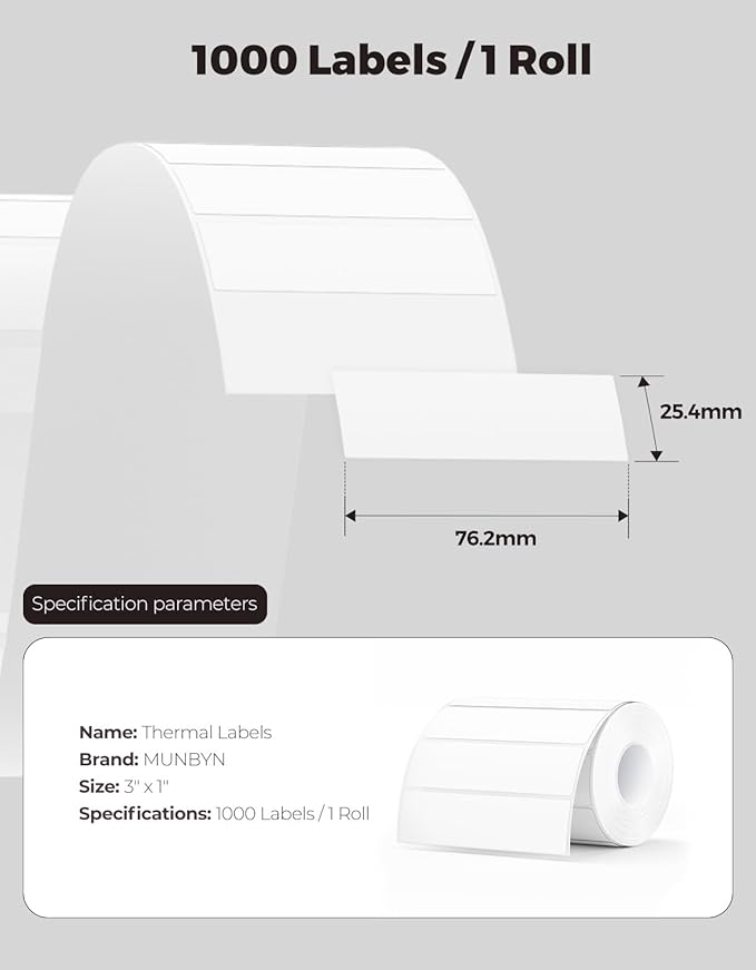 MUNBYN 3x1 Inch White Thermal Labels, Strong Adhesive, Thermal Sticker Labels - Image 2