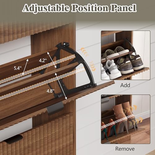 Shoe Cabinet Storage for Entryway with 3 Flip Drawers, Fluted Narrow Shoe Organizer with Wooden Legs, Freestanding Slim Shoe Storage Hidden Shoe Rack Organizer for Front Door Entrance, Hallway, Walnut - Image 6