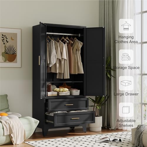 Baborokic Metal Wardrobe Cabinet with Hanging Rod,71" Armoire Wardrobe Closet with Adjustable Shelves,Farmhouse Steel Clothing Storage Cabinets for Bedroom,Office,Laundry Room Black - Image 5