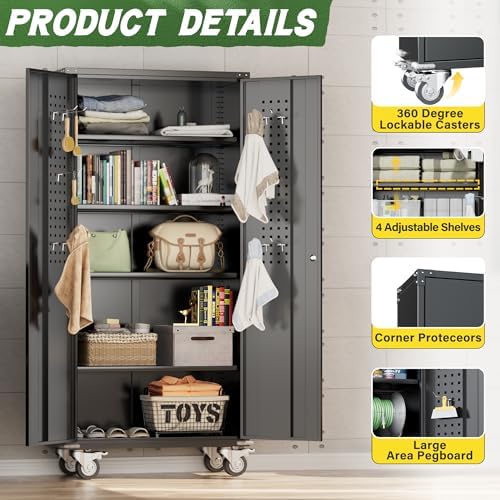 Greenvelly Metal Storage Cabinet with Wheels, 72" Black Garage Rolling Cabinet with Doors and 4 Shelves, Steel Locking Cabinets Tall Tool Lockable Storage Cabinets for Basement, Pantry, Home Office - Image 5