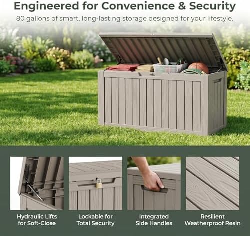 80 Gallon Deck Box, Waterproof Resin Outdoor Storage Box with Lockable Lid, Patio Storage Box with Fade Resistant for Patio Furniture Cushions, Pool Accessories, Garden Tools, Light Coffee - Image 4