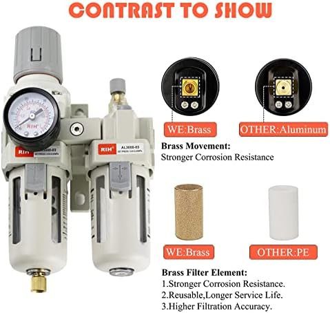 RIH Pneumatics 3/8" NPT Compressed Air Filter Regulator Lubricator Combo Water/Oil Trap Separator - Gauge(0-150 psi), Semi-Auto Drain, Poly Bowl,Bracket - 3 in 1 Two Unit (3/8" NPT) - Image 4