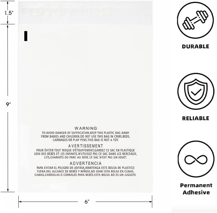 POLYSELLS 100 Count 6x9” Clear Poly Bags with Suffocation Warning Self-Sealing Plastic Bags for Shipping, Retail Packaging, T-Shirts & Clothing - Permanent Adhesive - Image 2