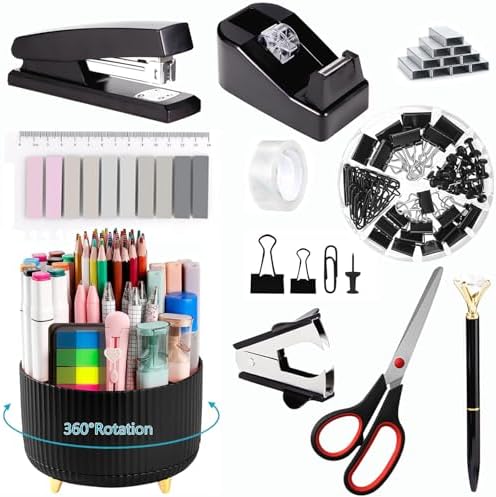 Office Supplies,Black Desk Accessories,Office Supplies Set,Desk Organizer,Stapler,Tape Dispenser,Scissors,Staple Remover,Binder Clips,Staples,Ballpoint Pen,Index Tabs with Ruler,Clear Tape.10pcs by suniya