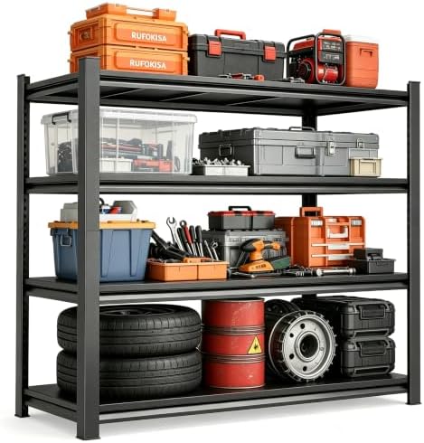 46''W Garage Shelving Heavy Duty Metal Storage Shelves Series, Large Industrial 4tier Shelving Unit for Basement, Business, Factories, Commercial, Warehouse and Workshop (54''Hx46''Wx16''D, Black) by Ergonova