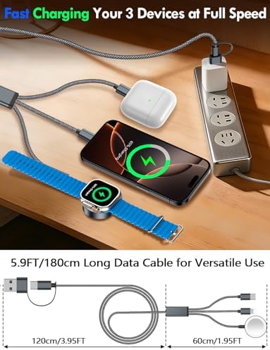 Travel Essentials for Apple Watch Charger,iPhone Charger,3 in 2 Type C/Lightning/Magnetic Travel Charging Cable,Portable Multi Charging Cable for Apple Watch, iPhone 17‑11,Samsung S26,Car,iPad-6FT - Image 6