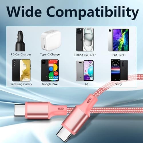 60W USB C to USB C Cable, 3 Pack 10ft Type C Fast Charger Cord (Pink) - Image 6