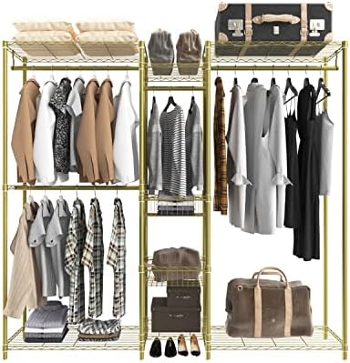 Xiofio 6 Tiers Heavy Duty Clothes Rack, Metal Clothing Rack,Clothing Storage Organizer,Garment Rack with Basket,Hanging Adjustable Garment Rack,65.0" L x 15.7" W x 76.0" H,Max Load 800LBS,Gold by XIOFIO