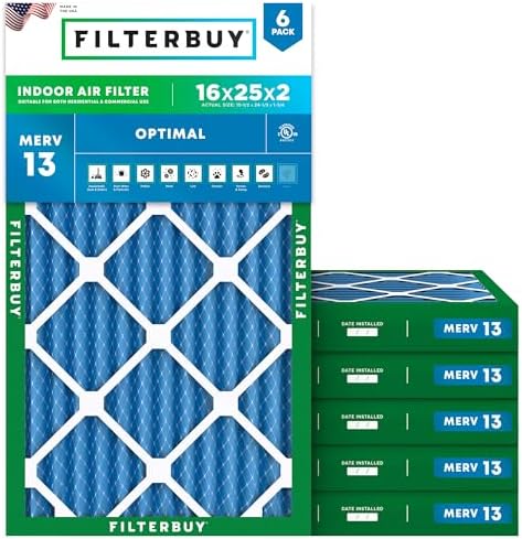 Filterbuy 16x25x2 Air Filter MERV 13 Smoke & Allergy Defense (6-Pack) by Filterbuy