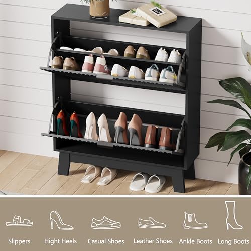 HUANLEGO Shoe Cabinet Storage for Entryway with 2 Flip Drawers, Fluted Narrow Shoe Organizer with Wooden Legs, Freestanding Slim Shoe Storage Hidden Shoe Rack Organizer for Front Door Entrance, Black - Image 3