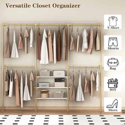 Industrial Pipe Clothing Rack, Gold Clothing Rack with Shelves, Wall Mounted Clothes Rack Heavy Duty Closet Organizers Wardrobe Multi-Purpose Storage Clothes Hanging Shelf- 94.5''L Gold - Image 2