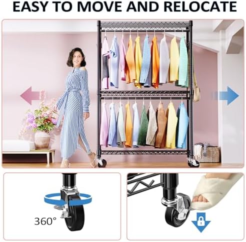 IZEUK Heavy Duty Rolling Garment Rack Wire Clothes Rack for Hanging Clothes (Black, 3 Tier with 2 Rod, 15.7" D x 45.3" W x 79.6" H) - Image 5