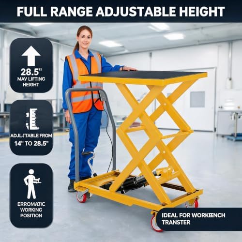 500 LBS Manual Hydraulic Double Scissor Lift Table Cart, Max 28.5 Inch Lifting Height, Reinforced Welded Steel Frame, Anti-Overload Hydraulic Unit, Non-Slip Rubber Platform Mat - Image 4